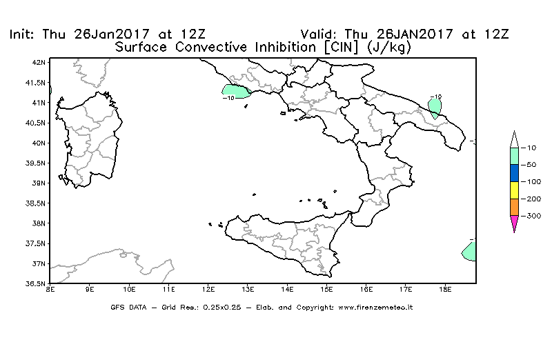 Mappa di analisi GFS - CIN [J/kg] in Sud-Italia
									del 26/01/2017 12 <!--googleoff: index-->UTC<!--googleon: index-->