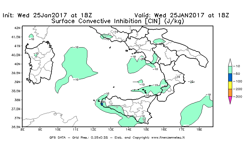 Mappa di analisi GFS - CIN [J/kg] in Sud-Italia
									del 26/01/2017 18 <!--googleoff: index-->UTC<!--googleon: index-->