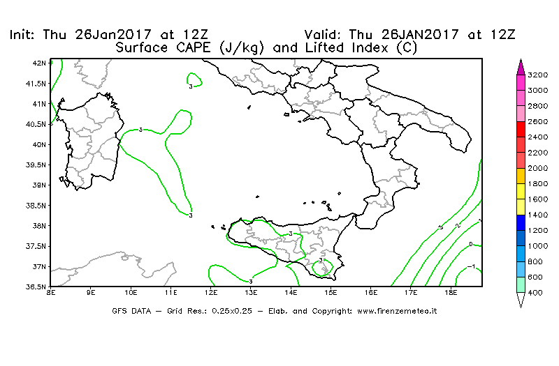 Mappa di analisi GFS - CAPE [J/kg] e Lifted Index [°C] in Sud-Italia
									del 26/01/2017 12 <!--googleoff: index-->UTC<!--googleon: index-->