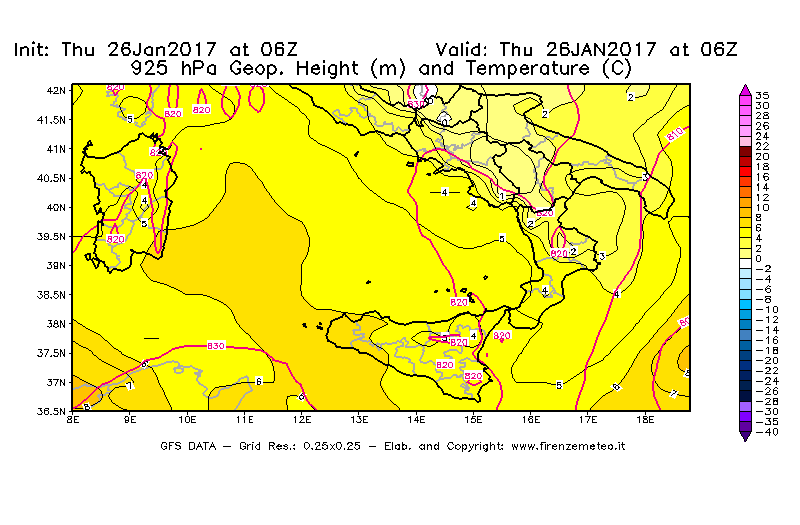 Mappa di analisi GFS - Geopotenziale [m] e Temperatura [°C] a 925 hPa in Sud-Italia
									del 26/01/2017 06 <!--googleoff: index-->UTC<!--googleon: index-->