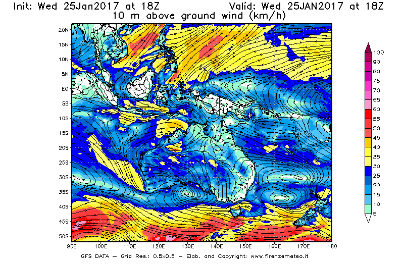 Mappa di analisi GFS - Velocità del vento a 10 metri dal suolo [km/h] in Oceania
									del 26/01/2017 18 <!--googleoff: index-->UTC<!--googleon: index-->