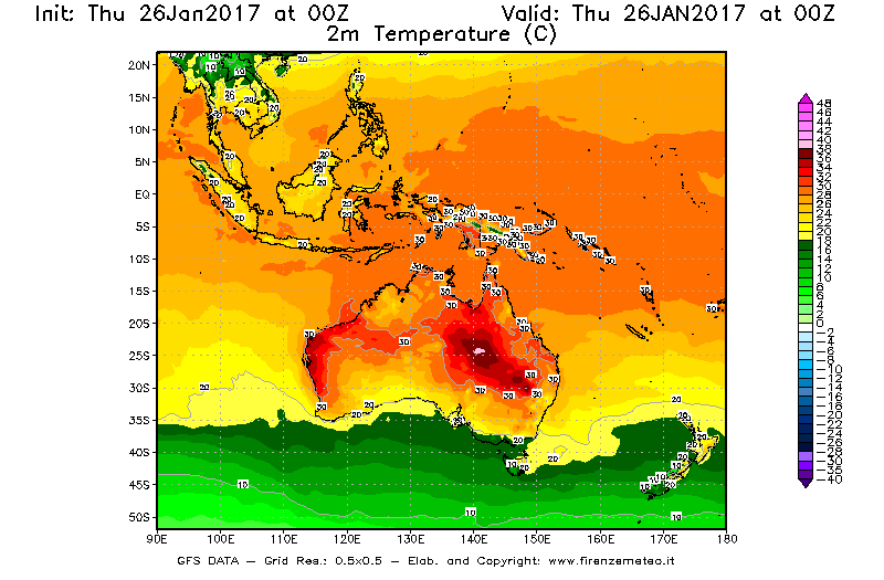 Mappa di analisi GFS - Temperatura a 2 metri dal suolo [°C] in Oceania
									del 26/01/2017 00 <!--googleoff: index-->UTC<!--googleon: index-->