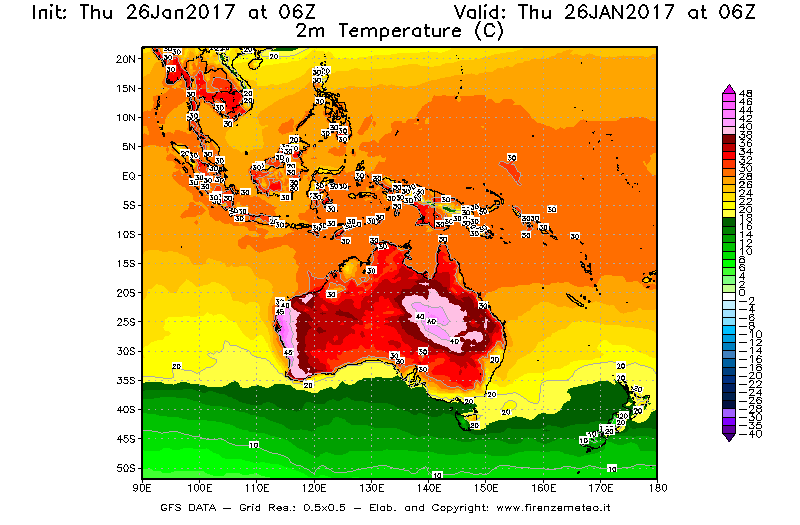 Mappa di analisi GFS - Temperatura a 2 metri dal suolo [°C] in Oceania
									del 26/01/2017 06 <!--googleoff: index-->UTC<!--googleon: index-->