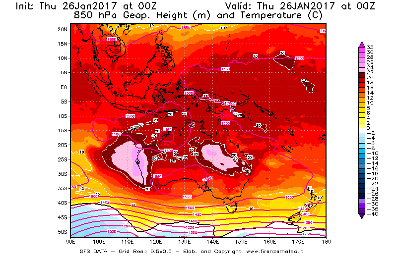 Mappa di analisi GFS - Geopotenziale [m] e Temperatura [°C] a 850 hPa in Oceania
									del 26/01/2017 00 <!--googleoff: index-->UTC<!--googleon: index-->