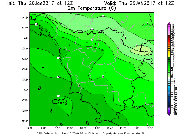 Mappa di analisi GFS - Temperatura a 2 metri dal suolo [°C] in Toscana
									del 26/01/2017 12 <!--googleoff: index-->UTC<!--googleon: index-->