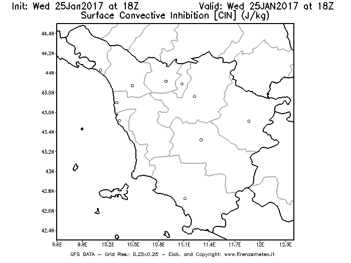 Mappa di analisi GFS - CIN [J/kg] in Toscana
									del 26/01/2017 18 <!--googleoff: index-->UTC<!--googleon: index-->
