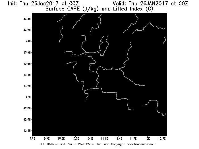 Mappa di analisi GFS - CAPE [J/kg] e Lifted Index [°C] in Toscana
									del 26/01/2017 00 <!--googleoff: index-->UTC<!--googleon: index-->
