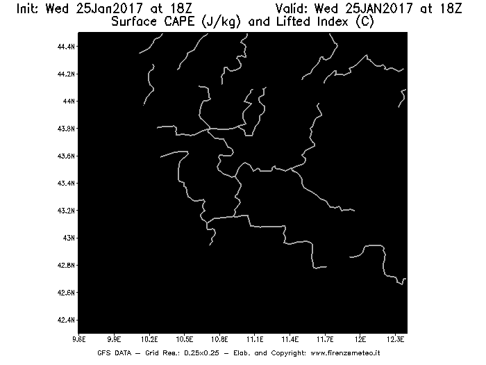 Mappa di analisi GFS - CAPE [J/kg] e Lifted Index [°C] in Toscana
									del 26/01/2017 18 <!--googleoff: index-->UTC<!--googleon: index-->