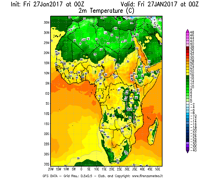 Mappa di analisi GFS - Temperatura a 2 metri dal suolo [°C] in Africa
									del 27/01/2017 00 <!--googleoff: index-->UTC<!--googleon: index-->