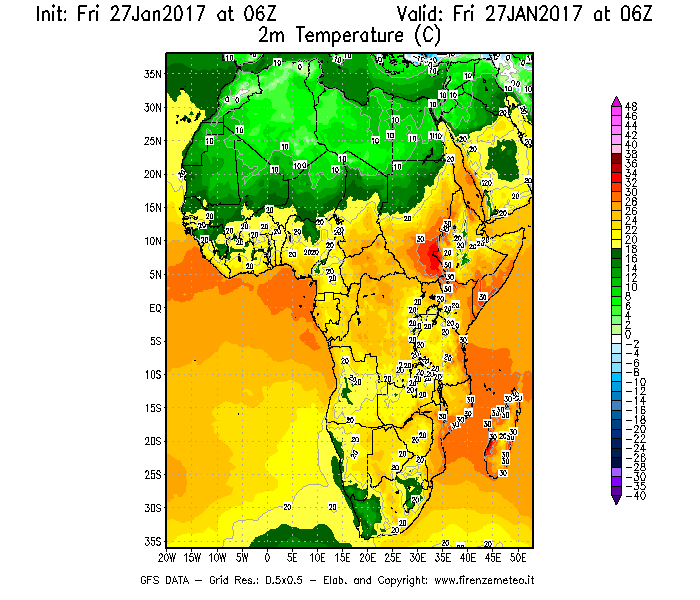 Mappa di analisi GFS - Temperatura a 2 metri dal suolo [°C] in Africa
									del 27/01/2017 06 <!--googleoff: index-->UTC<!--googleon: index-->
