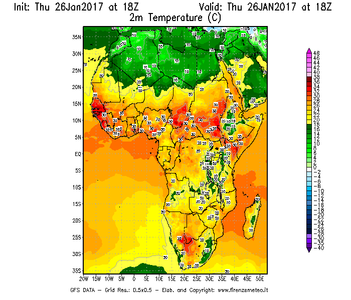 Mappa di analisi GFS - Temperatura a 2 metri dal suolo [°C] in Africa
									del 27/01/2017 18 <!--googleoff: index-->UTC<!--googleon: index-->