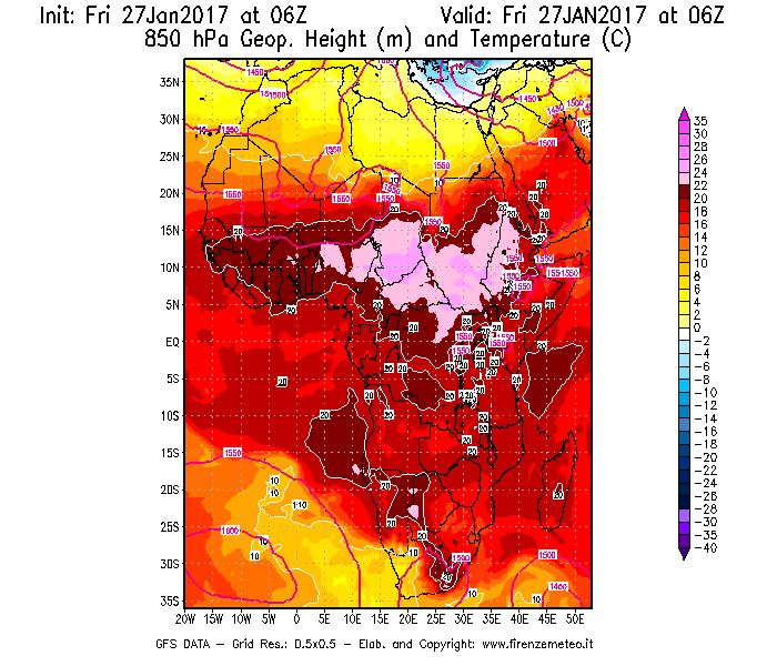 Mappa di analisi GFS - Geopotenziale [m] e Temperatura [°C] a 850 hPa in Africa
									del 27/01/2017 06 <!--googleoff: index-->UTC<!--googleon: index-->