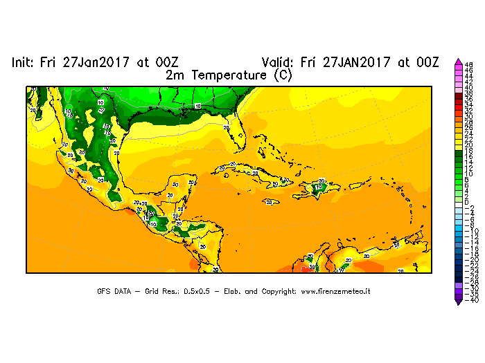 Mappa di analisi GFS - Temperatura a 2 metri dal suolo [°C] in Centro-America
									del 27/01/2017 00 <!--googleoff: index-->UTC<!--googleon: index-->