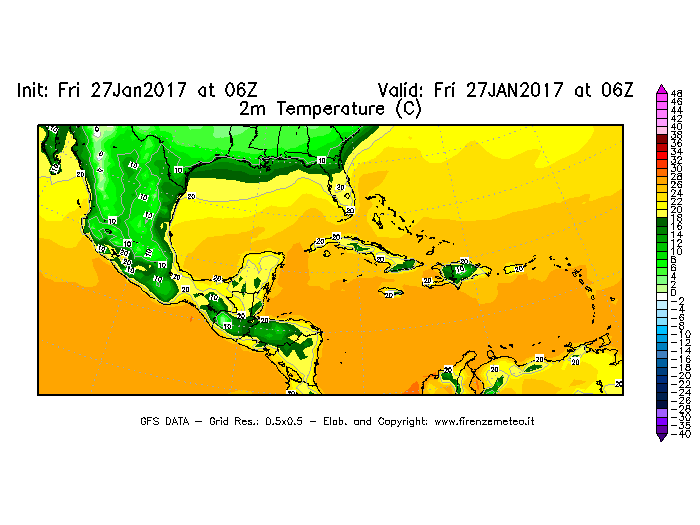 Mappa di analisi GFS - Temperatura a 2 metri dal suolo [°C] in Centro-America
									del 27/01/2017 06 <!--googleoff: index-->UTC<!--googleon: index-->