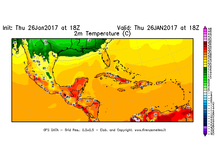 Mappa di analisi GFS - Temperatura a 2 metri dal suolo [°C] in Centro-America
									del 27/01/2017 18 <!--googleoff: index-->UTC<!--googleon: index-->