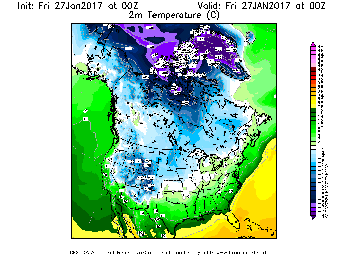 Mappa di analisi GFS - Temperatura a 2 metri dal suolo [°C] in Nord-America
									del 27/01/2017 00 <!--googleoff: index-->UTC<!--googleon: index-->
