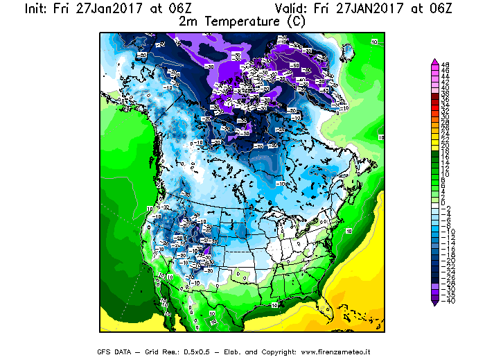 Mappa di analisi GFS - Temperatura a 2 metri dal suolo [°C] in Nord-America
									del 27/01/2017 06 <!--googleoff: index-->UTC<!--googleon: index-->