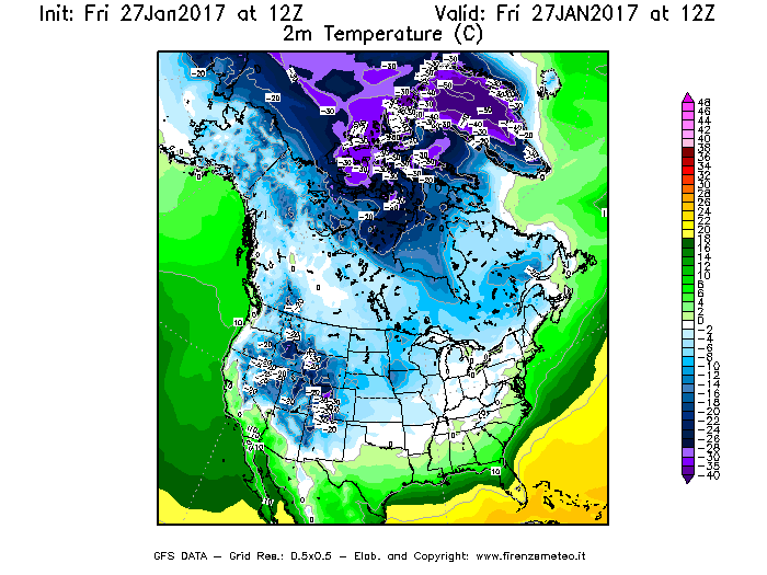Mappa di analisi GFS - Temperatura a 2 metri dal suolo [°C] in Nord-America
									del 27/01/2017 12 <!--googleoff: index-->UTC<!--googleon: index-->