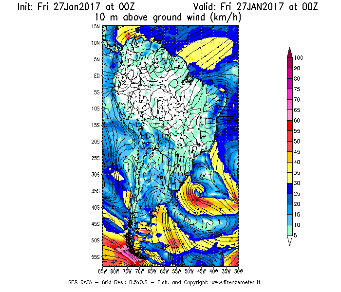 Mappa di analisi GFS - Velocità del vento a 10 metri dal suolo [km/h] in Sud-America
									del 27/01/2017 00 <!--googleoff: index-->UTC<!--googleon: index-->