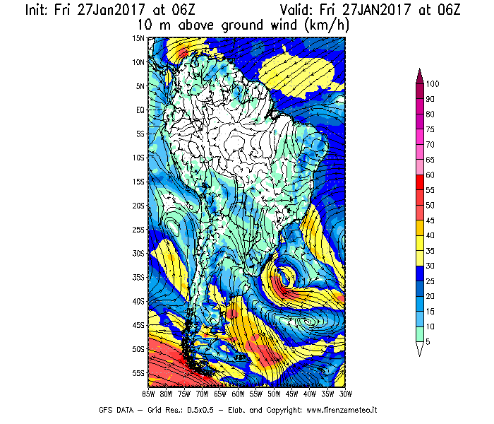 Mappa di analisi GFS - Velocità del vento a 10 metri dal suolo [km/h] in Sud-America
									del 27/01/2017 06 <!--googleoff: index-->UTC<!--googleon: index-->
