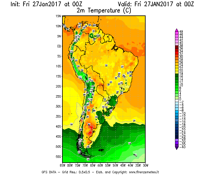 Mappa di analisi GFS - Temperatura a 2 metri dal suolo [°C] in Sud-America
									del 27/01/2017 00 <!--googleoff: index-->UTC<!--googleon: index-->