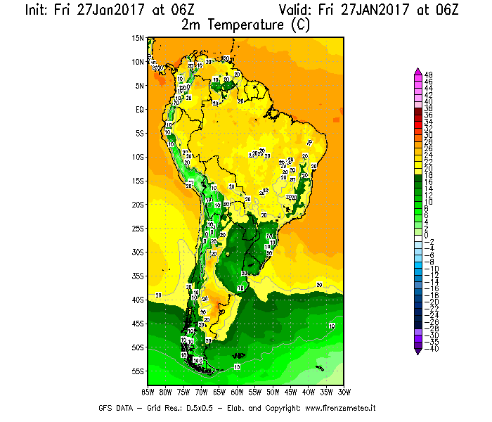 Mappa di analisi GFS - Temperatura a 2 metri dal suolo [°C] in Sud-America
									del 27/01/2017 06 <!--googleoff: index-->UTC<!--googleon: index-->