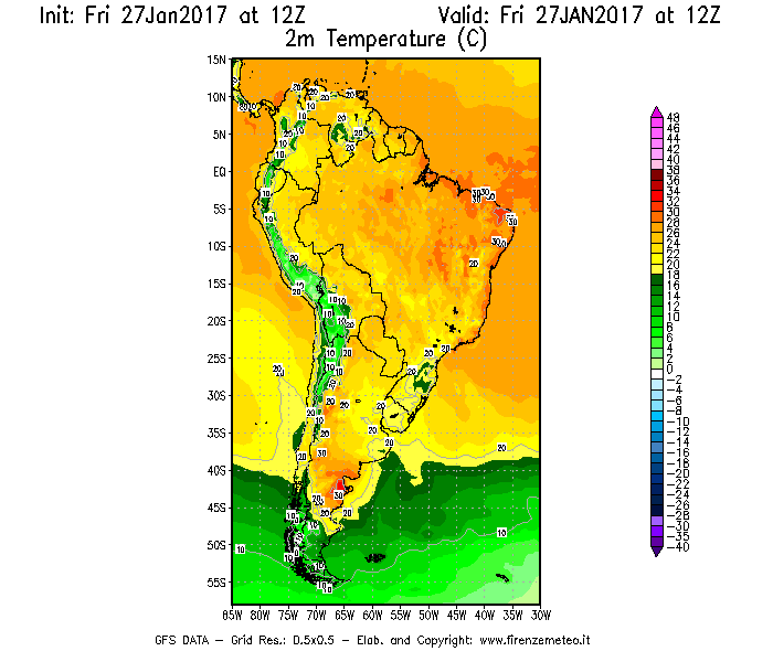 Mappa di analisi GFS - Temperatura a 2 metri dal suolo [°C] in Sud-America
									del 27/01/2017 12 <!--googleoff: index-->UTC<!--googleon: index-->