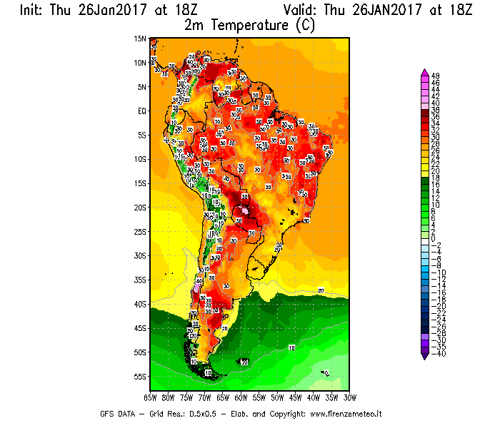 Mappa di analisi GFS - Temperatura a 2 metri dal suolo [°C] in Sud-America
									del 27/01/2017 18 <!--googleoff: index-->UTC<!--googleon: index-->