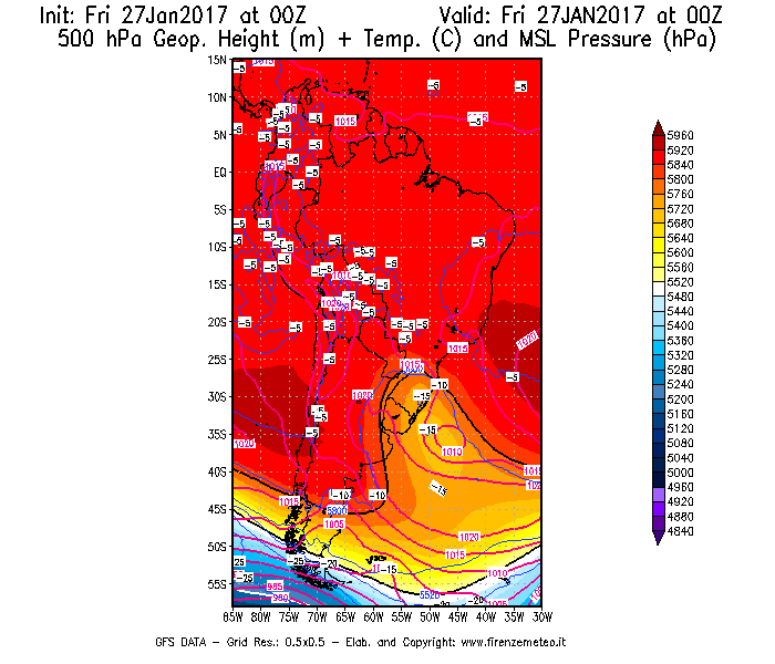 Mappa di analisi GFS - Geopotenziale [m] + Temp. [°C] a 500 hPa + Press. a livello del mare [hPa] in Sud-America
									del 27/01/2017 00 <!--googleoff: index-->UTC<!--googleon: index-->