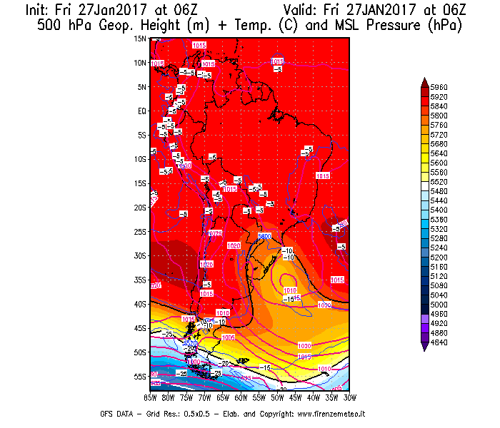 Mappa di analisi GFS - Geopotenziale [m] + Temp. [°C] a 500 hPa + Press. a livello del mare [hPa] in Sud-America
									del 27/01/2017 06 <!--googleoff: index-->UTC<!--googleon: index-->