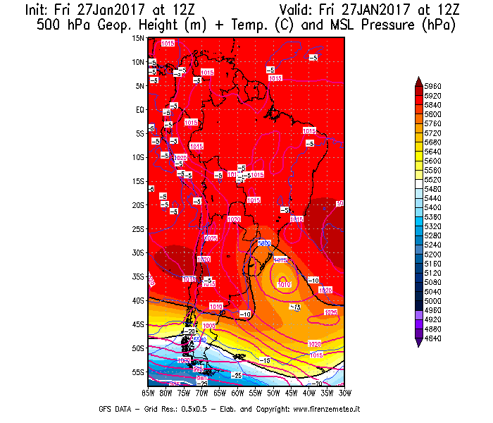 Mappa di analisi GFS - Geopotenziale [m] + Temp. [°C] a 500 hPa + Press. a livello del mare [hPa] in Sud-America
									del 27/01/2017 12 <!--googleoff: index-->UTC<!--googleon: index-->