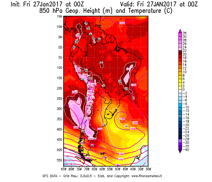 Mappa di analisi GFS - Geopotenziale [m] e Temperatura [°C] a 850 hPa in Sud-America
									del 27/01/2017 00 <!--googleoff: index-->UTC<!--googleon: index-->