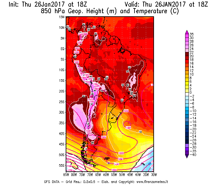 Mappa di analisi GFS - Geopotenziale [m] e Temperatura [°C] a 850 hPa in Sud-America
									del 27/01/2017 18 <!--googleoff: index-->UTC<!--googleon: index-->