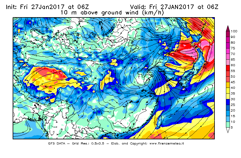 Mappa di analisi GFS - Velocità del vento a 10 metri dal suolo [km/h] in Asia Orientale
									del 27/01/2017 06 <!--googleoff: index-->UTC<!--googleon: index-->