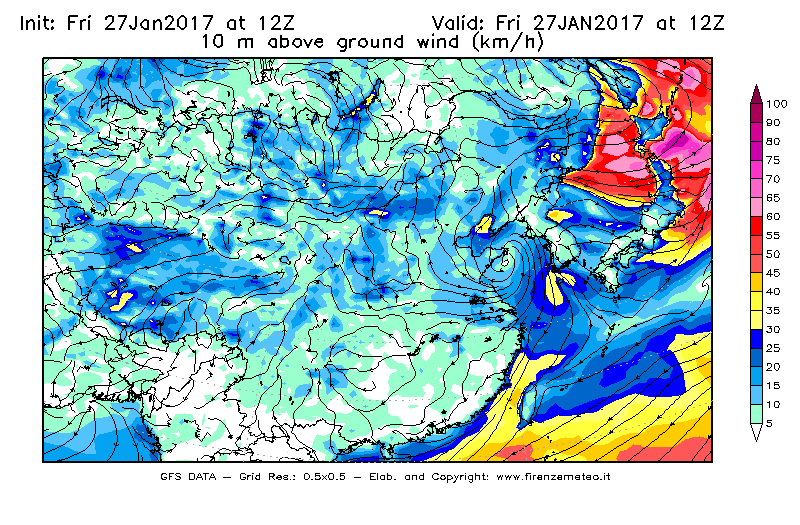 Mappa di analisi GFS - Velocità del vento a 10 metri dal suolo [km/h] in Asia Orientale
									del 27/01/2017 12 <!--googleoff: index-->UTC<!--googleon: index-->