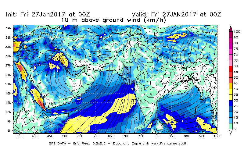 Mappa di analisi GFS - Velocità del vento a 10 metri dal suolo [km/h] in Asia Sud-Occidentale
									del 27/01/2017 00 <!--googleoff: index-->UTC<!--googleon: index-->