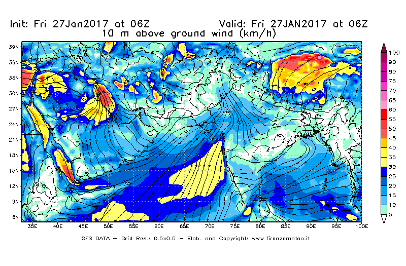 Mappa di analisi GFS - Velocità del vento a 10 metri dal suolo [km/h] in Asia Sud-Occidentale
									del 27/01/2017 06 <!--googleoff: index-->UTC<!--googleon: index-->