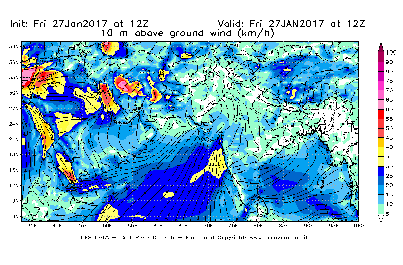 Mappa di analisi GFS - Velocità del vento a 10 metri dal suolo [km/h] in Asia Sud-Occidentale
									del 27/01/2017 12 <!--googleoff: index-->UTC<!--googleon: index-->