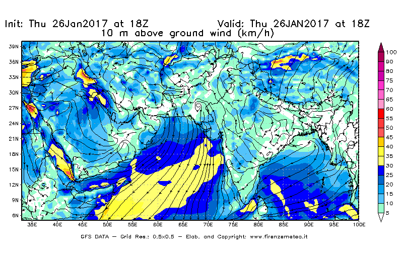 Mappa di analisi GFS - Velocità del vento a 10 metri dal suolo [km/h] in Asia Sud-Occidentale
									del 27/01/2017 18 <!--googleoff: index-->UTC<!--googleon: index-->