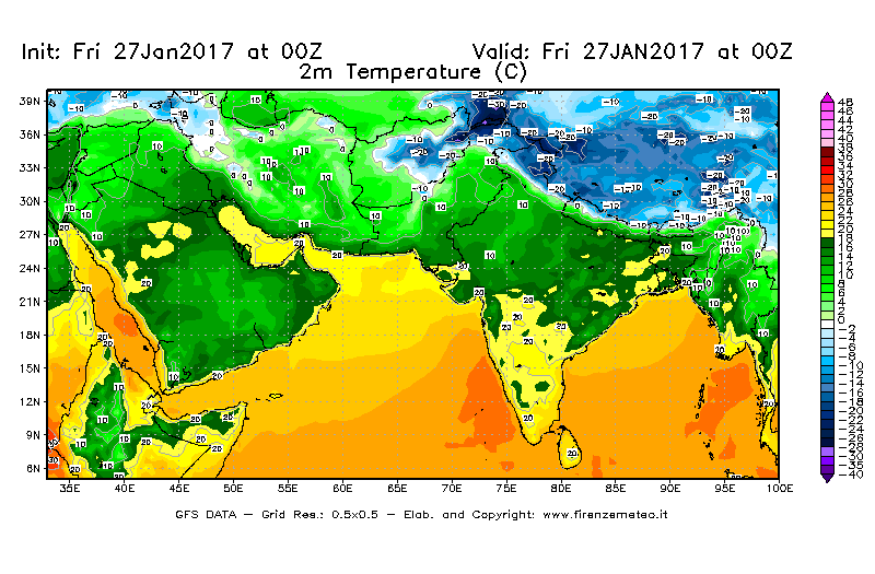 Mappa di analisi GFS - Temperatura a 2 metri dal suolo [°C] in Asia Sud-Occidentale
									del 27/01/2017 00 <!--googleoff: index-->UTC<!--googleon: index-->