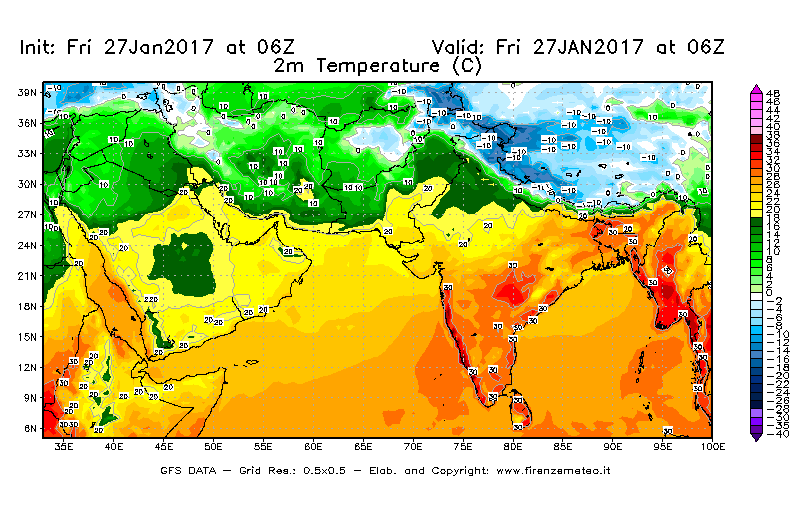 Mappa di analisi GFS - Temperatura a 2 metri dal suolo [°C] in Asia Sud-Occidentale
									del 27/01/2017 06 <!--googleoff: index-->UTC<!--googleon: index-->