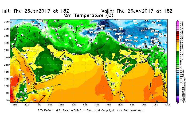 Mappa di analisi GFS - Temperatura a 2 metri dal suolo [°C] in Asia Sud-Occidentale
									del 27/01/2017 18 <!--googleoff: index-->UTC<!--googleon: index-->
