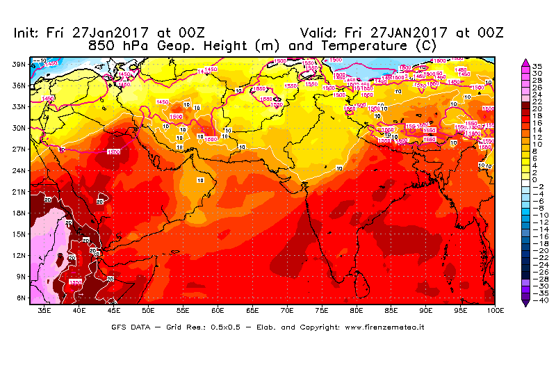 Mappa di analisi GFS - Geopotenziale [m] e Temperatura [°C] a 850 hPa in Asia Sud-Occidentale
									del 27/01/2017 00 <!--googleoff: index-->UTC<!--googleon: index-->
