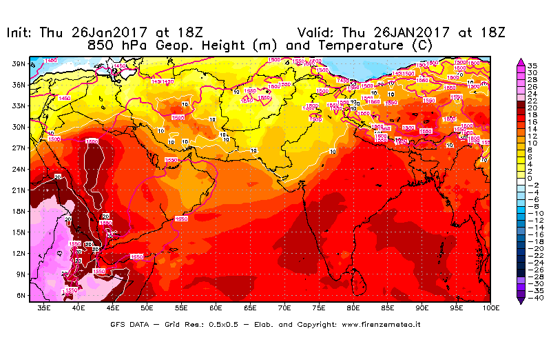 Mappa di analisi GFS - Geopotenziale [m] e Temperatura [°C] a 850 hPa in Asia Sud-Occidentale
									del 27/01/2017 18 <!--googleoff: index-->UTC<!--googleon: index-->