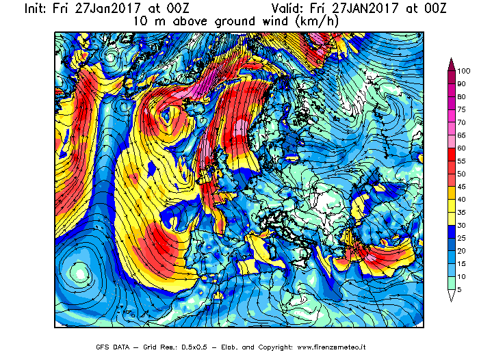 Mappa di analisi GFS - Velocità del vento a 10 metri dal suolo [km/h] in Europa
									del 27/01/2017 00 <!--googleoff: index-->UTC<!--googleon: index-->
