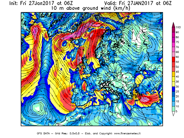 Mappa di analisi GFS - Velocità del vento a 10 metri dal suolo [km/h] in Europa
									del 27/01/2017 06 <!--googleoff: index-->UTC<!--googleon: index-->