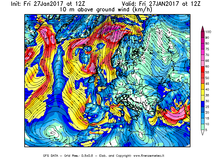 Mappa di analisi GFS - Velocità del vento a 10 metri dal suolo [km/h] in Europa
									del 27/01/2017 12 <!--googleoff: index-->UTC<!--googleon: index-->