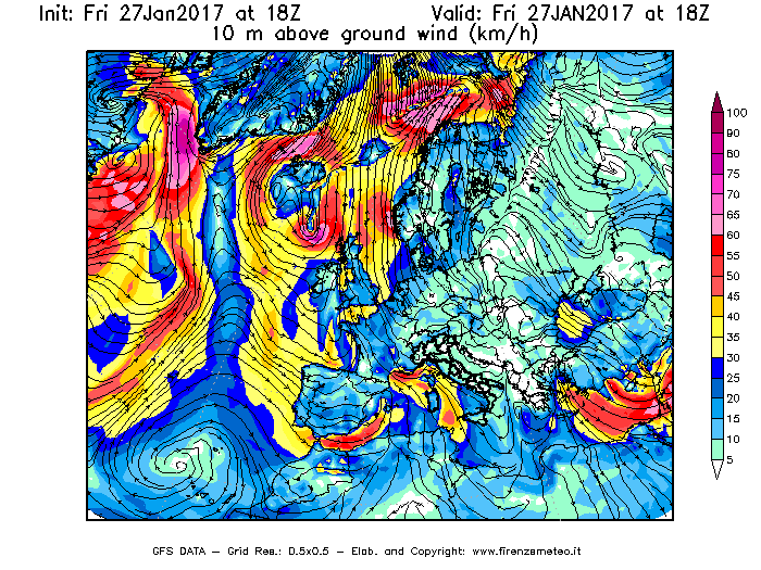 Mappa di analisi GFS - Velocità del vento a 10 metri dal suolo [km/h] in Europa
									del 27/01/2017 18 <!--googleoff: index-->UTC<!--googleon: index-->