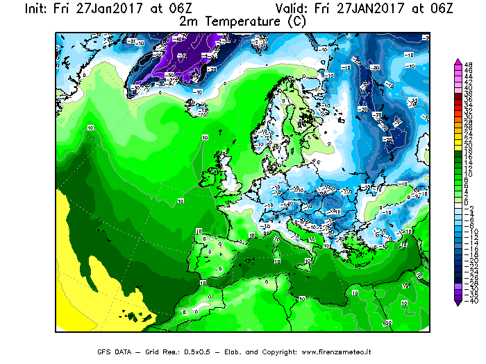 Mappa di analisi GFS - Temperatura a 2 metri dal suolo [°C] in Europa
									del 27/01/2017 06 <!--googleoff: index-->UTC<!--googleon: index-->