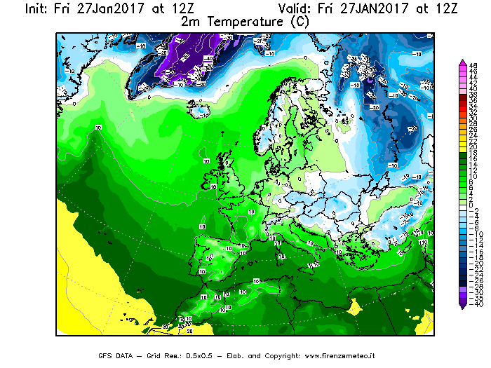 Mappa di analisi GFS - Temperatura a 2 metri dal suolo [°C] in Europa
									del 27/01/2017 12 <!--googleoff: index-->UTC<!--googleon: index-->